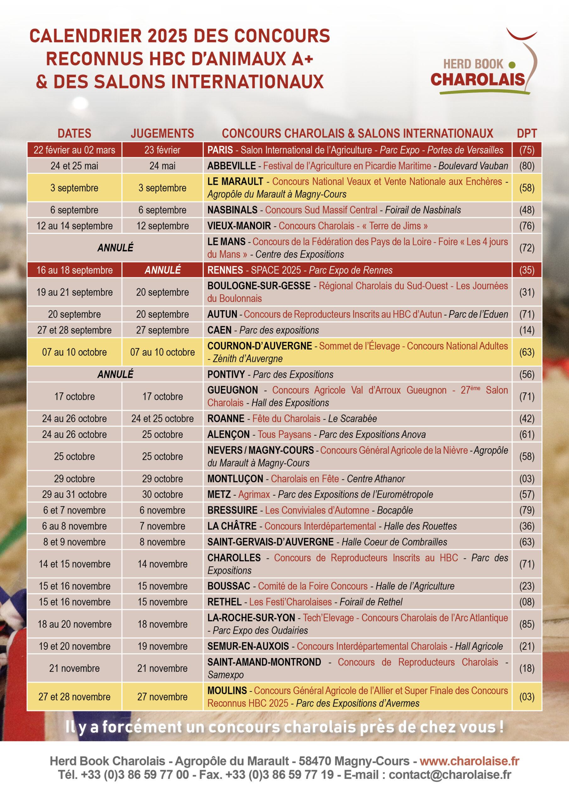 Lire la suite à propos de l’article CALENDRIER 2025 DES CONCOURS RECONNUS HBC & DES SALONS INTERNATIONAUX