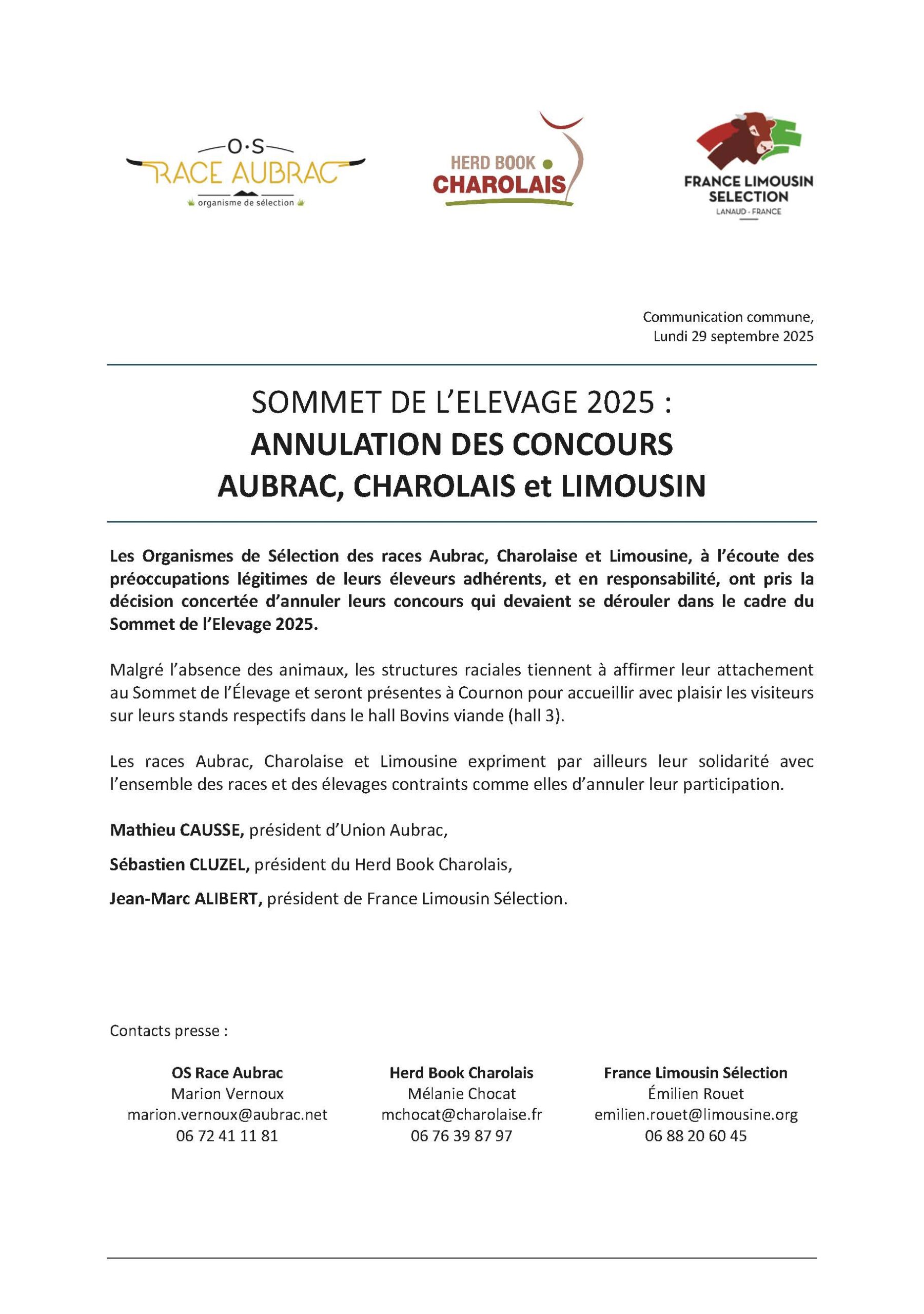 Lire la suite à propos de l’article SOMMET DE L’ELEVAGE 2025 : ANNULATION DES CONCOURS AUBRAC, CHAROLAIS et LIMOUSIN